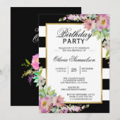白黒水彩ピンクフローラ誕生日パーティー 招待状 (正面/裏面)