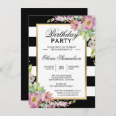 白黒水彩ピンクフローラ誕生日パーティー 招待状 (正面/裏面)