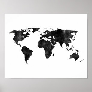 白黒水彩画の世界地図 ポスター