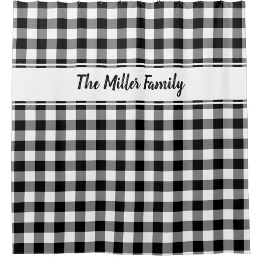 白黒水牛の格子模様(名前をカスタムする付) シャワーカーテン (正面)