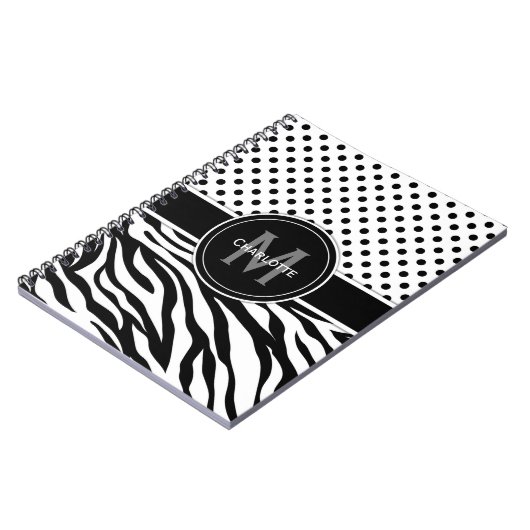 白黒水玉模様とゼブラ印刷 ノートブック (左側)