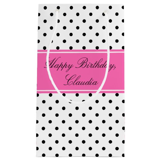 白黒水玉模様とホットピンク誕生日 スモールペーパーバッグ (正面)