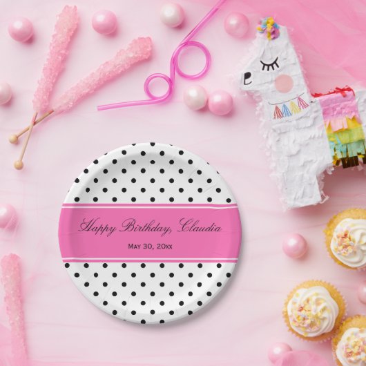 白黒水玉模様とホットピンク誕生日 ペーパープレート (パーティー)