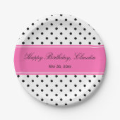 白黒水玉模様とホットピンク誕生日 ペーパープレート (正面)