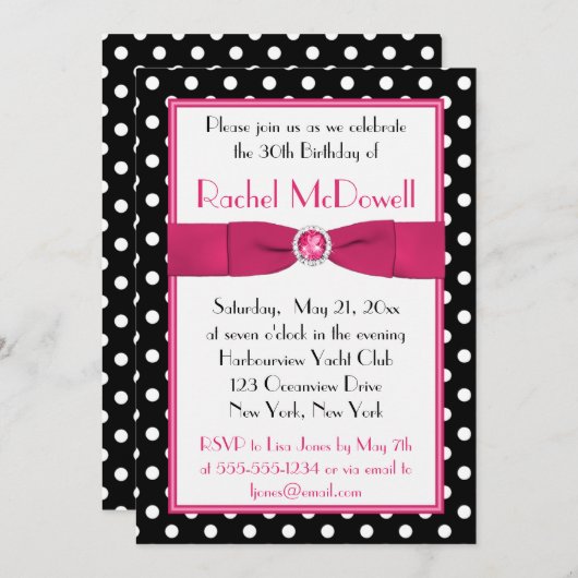 白黒水玉模様の第30誕生日の招待状 招待状 (正面/裏面)