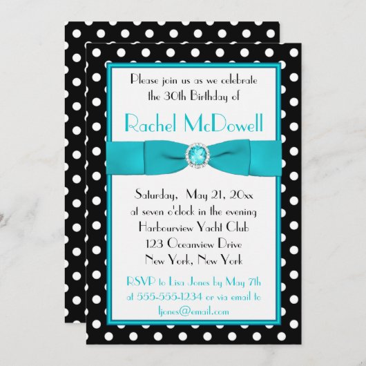 白黒水玉模様の第30誕生日の招待状 招待状 (正面/裏面)