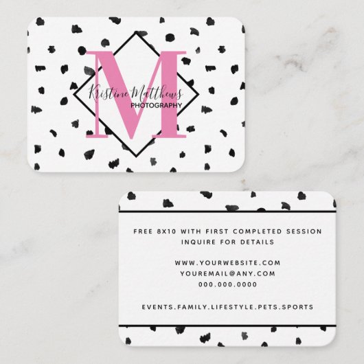 白黒水玉模様カスタムモノグラム/イニシャル 名刺 (正面/裏面)