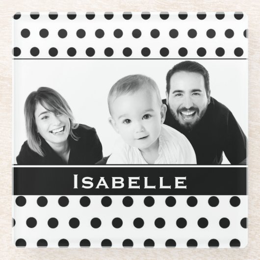 白黒水玉模様カスタム写真 ガラスコースター (正面)