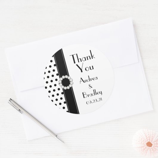 白黒水玉模様サンキュユー結婚式の引き出物 ラウンドシール (封筒)