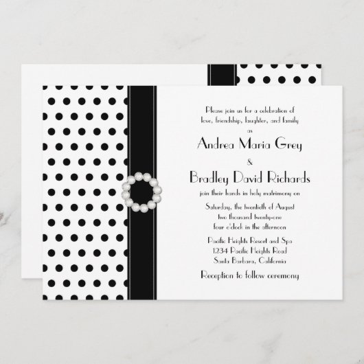 白黒水玉模様ジュエル結婚式招待状 招待状 (正面/裏面)