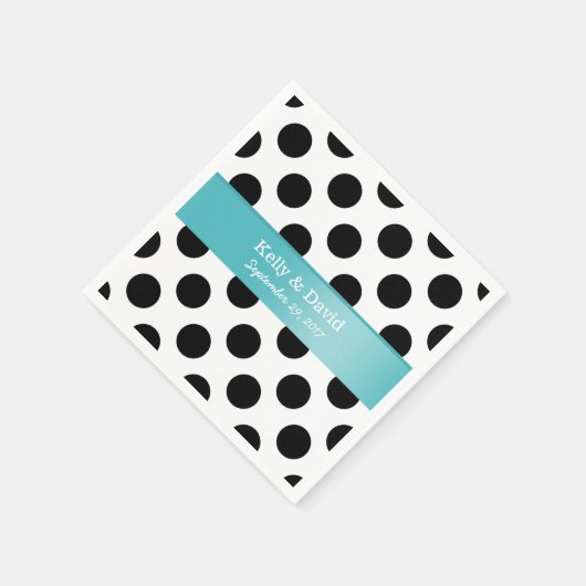白黒水玉模様ターコイズ結婚リボン スタンダードカクテルナプキン (角)