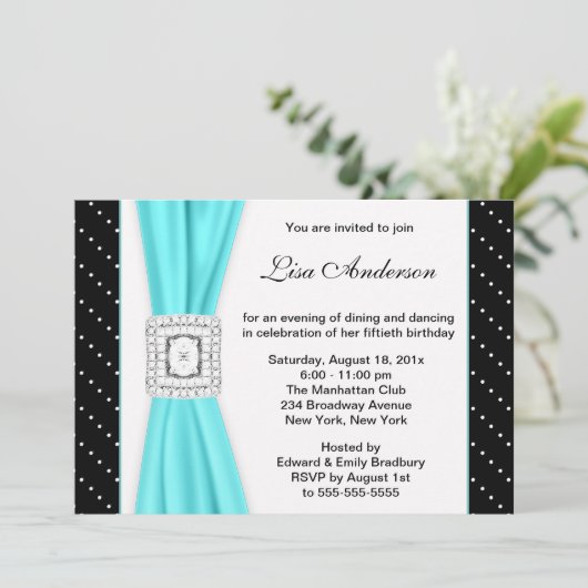 白黒水玉模様ティール(緑がかった色)ダイヤモンド50誕生日 招待状 (スタンド正面)