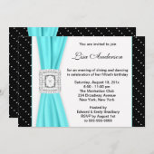 白黒水玉模様ティール(緑がかった色)ダイヤモンド50誕生日 招待状 (正面/裏面)