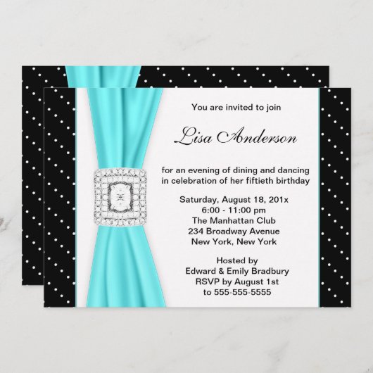 白黒水玉模様ティール(緑がかった色)ダイヤモンド50誕生日 招待状 (正面/裏面)