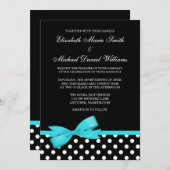 白黒水玉模様ティール(緑がかった色)フェイクボウ結婚ズ 招待状 (正面/裏面)