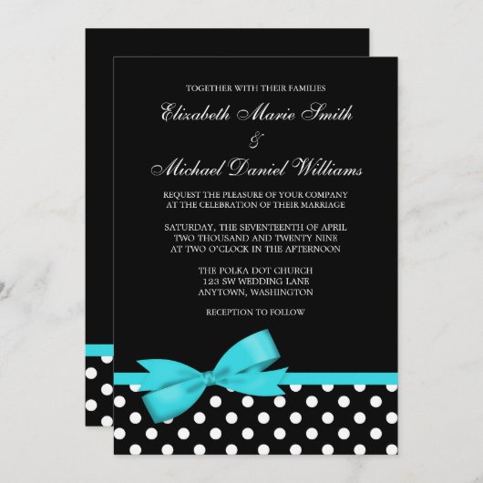 白黒水玉模様ティール（緑がかった色）フェイクボウ結婚ズ 招待状 (正面/裏面)