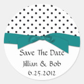 白黒水玉模様ティール（緑がかった色）リボン日付の保存 ラウンドシール (正面)
