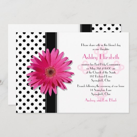 白黒水玉模様デイジー確認 招待状 (正面/裏面)