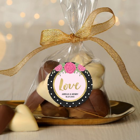 白黒水玉模様バラ結婚ズラブ ラウンドシール