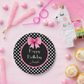 白黒水玉模様パターンピンクボウ誕生日 ペーパープレート (パーティー)
