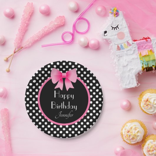 白黒水玉模様パターンピンクボウ誕生日 ペーパープレート (パーティー)