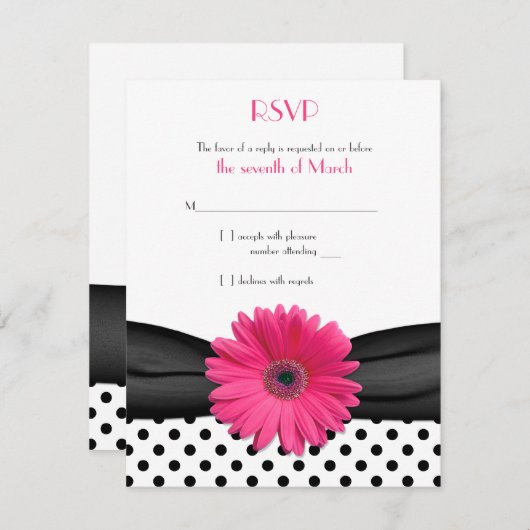 白黒水玉模様ピンクデイジーウェディングRSVP 出欠カード (正面/裏面)