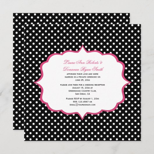 白黒水玉模様ピンクフレーム披露宴のみ 招待状 (正面/裏面)