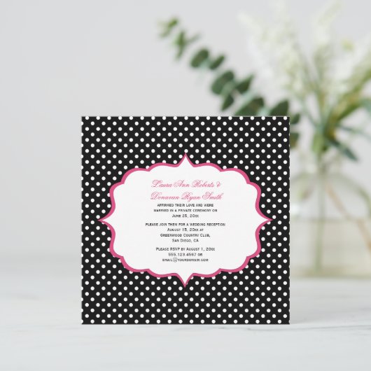 白黒水玉模様ピンクフレーム披露宴のみ 招待状 (スタンド正面)
