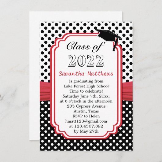 白黒水玉模様モルタルレッドリボン卒業 招待状 (正面/裏面)