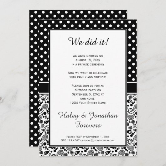 白黒水玉模様上のペイズリー披露宴のみ 招待状 (正面/裏面)