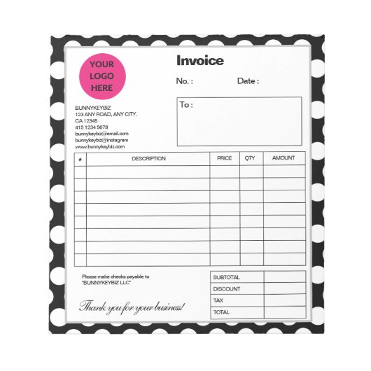 白黒水玉模様会社ビジネスショップインボイス ノートパッド (正面)