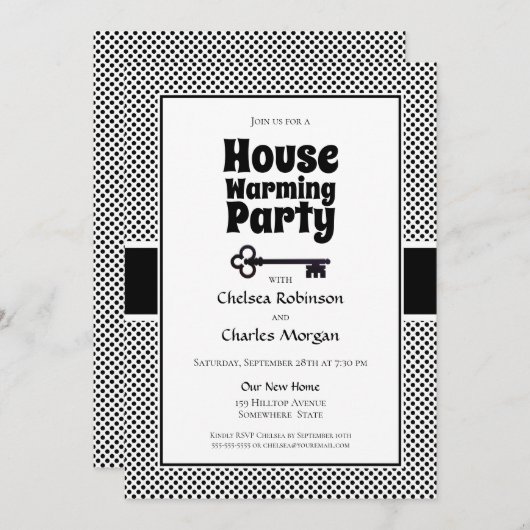 白黒水玉模様引っ越し祝いパーティーパーティー 招待状 (正面/裏面)