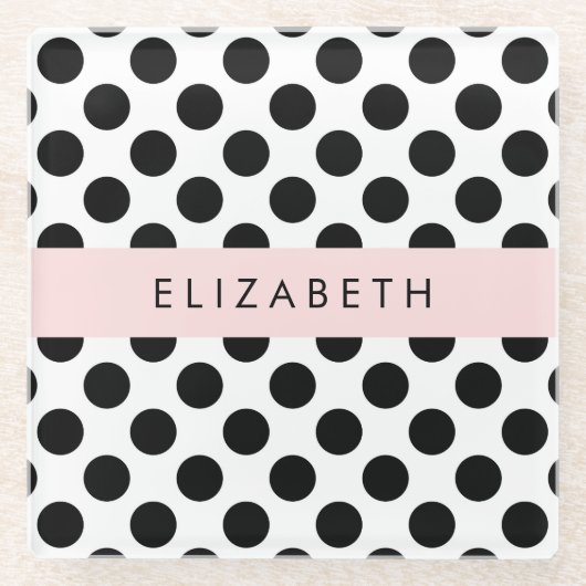 白黒水玉模様点々のある、お名前 ガラスコースター (正面)