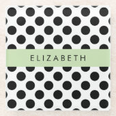 白黒水玉模様点々のある、お名前 ガラスコースター (正面)