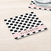 白黒水玉模様点々のある、お名前 スクエアペーパーコースター (アングル)