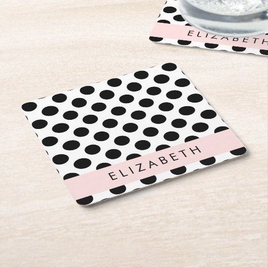 白黒水玉模様点々のある、お名前 スクエアペーパーコースター (アングル)