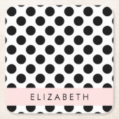 白黒水玉模様点々のある、お名前 スクエアペーパーコースター (正面)