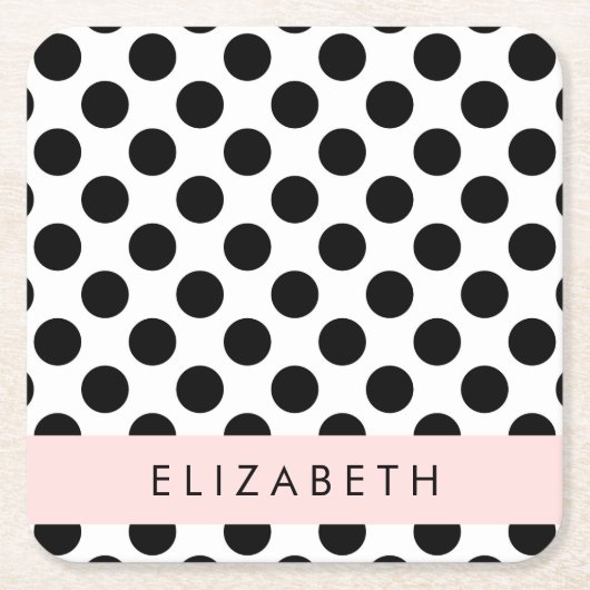 白黒水玉模様点々のある、お名前 スクエアペーパーコースター (正面)