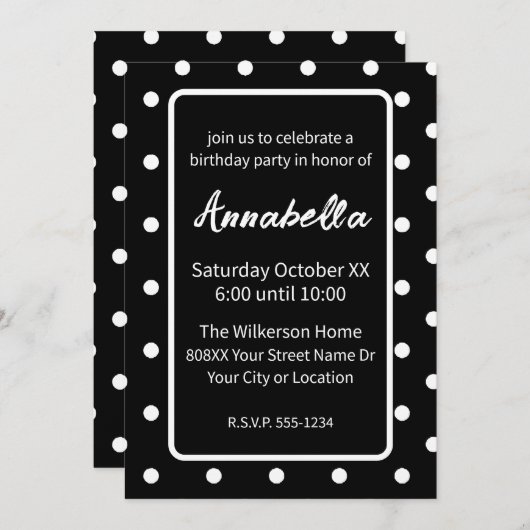 白黒水玉模様誕生会 招待状 (正面/裏面)