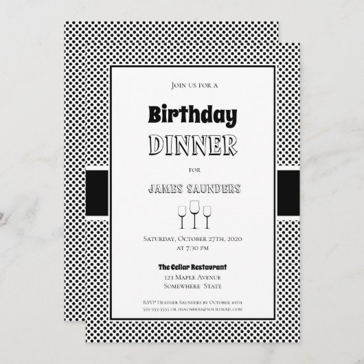 白黒水玉模様誕生日ディナーパーティー 招待状 (正面/裏面)