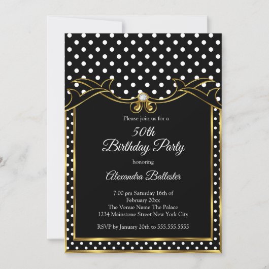 白黒水玉模様誕生日パーティーフォト 招待状 (正面)