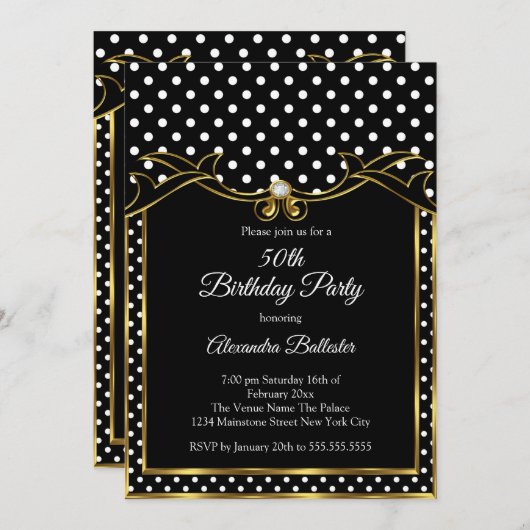 白黒水玉模様誕生日パーティーフォト 招待状 (正面/裏面)