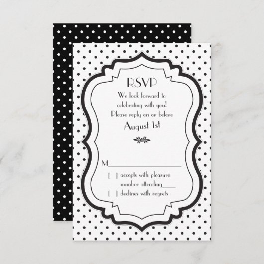 白黒水玉模様1950sウェディングRSVPカード 出欠カード (正面/裏面)