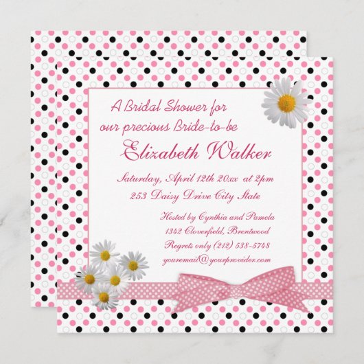 白黒水玉模様、デイジーブライダルシャワー招待状 招待状 (正面/裏面)