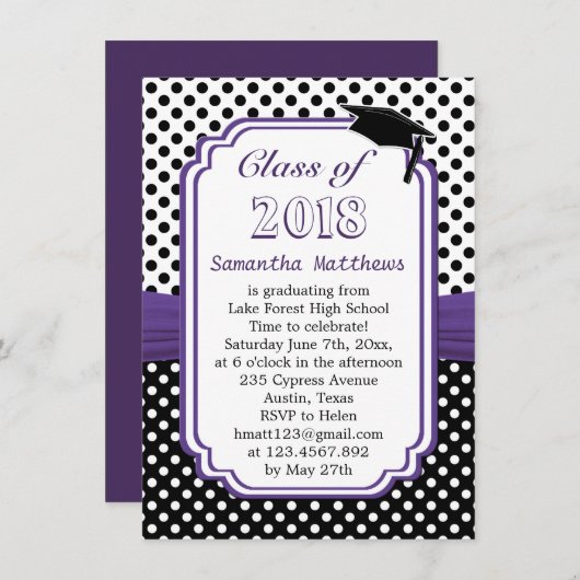 白黒水玉模様、モルタルキャップ卒業パーティー 招待状 (正面/裏面)