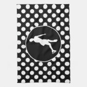 白黒水玉模様；氷姿スケートで滑る キッチンタオル (縦)