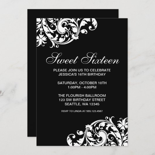 白黒渦巻の華麗さの菓子16の誕生日 招待状 (正面/裏面)