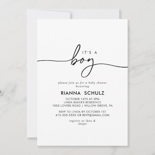 白黒澄んは男の子のシャワー 招待状 (正面)