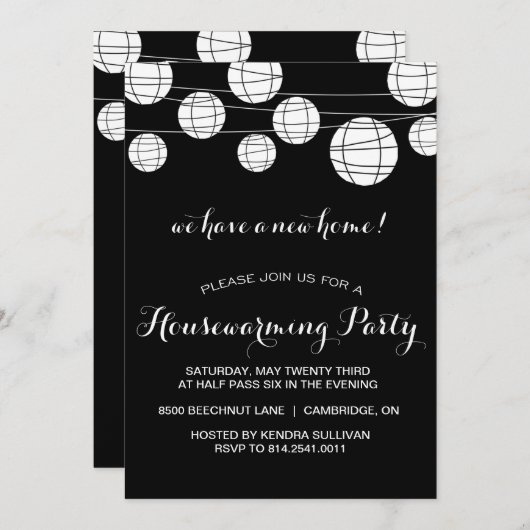 白黒灯具引っ越し祝いパーティーパーティの招待状 招待状 (正面/裏面)