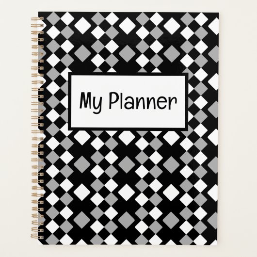 白黒灰色の正方形の幾何学的 プランナー手帳 (正面)